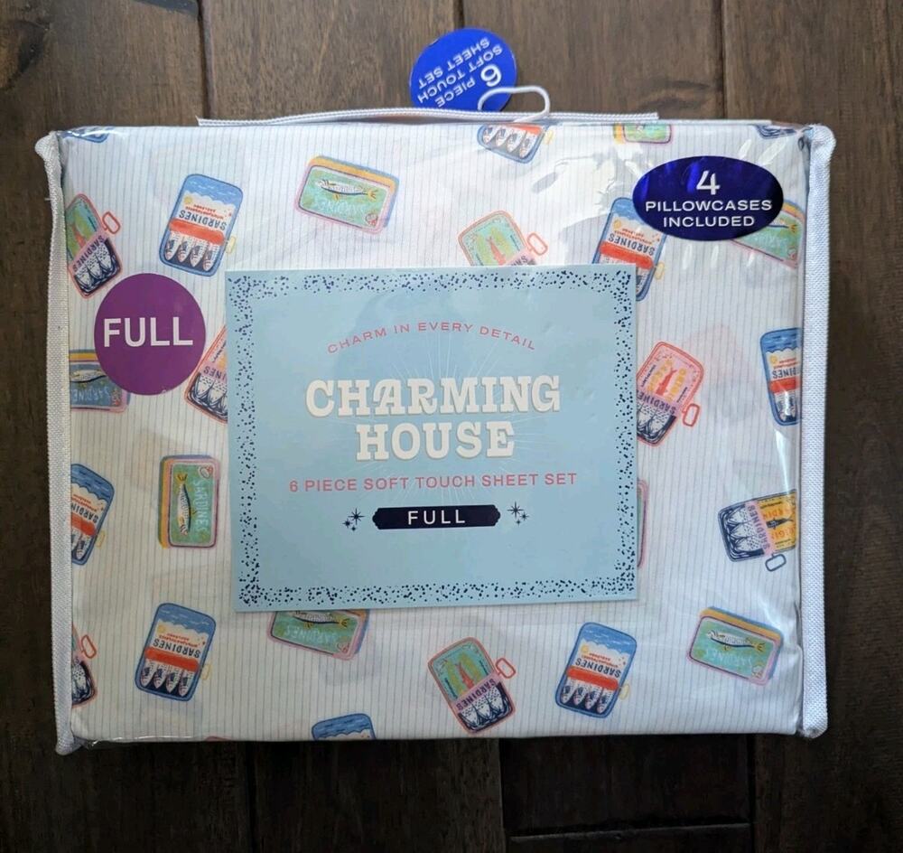 Charming House Full Sheet Set 6 Pc Sardine Tin Can Print Blue White Oeko Tex New